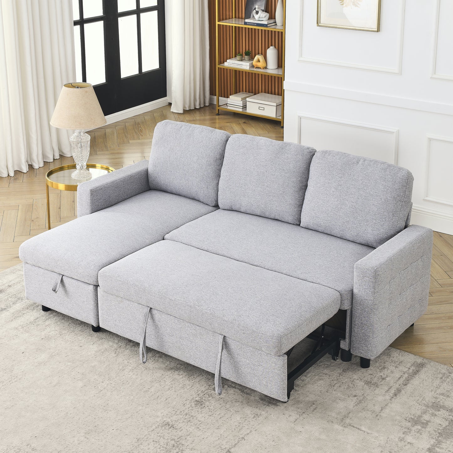 FX 78.8" Reversible Sleeper Combo Sofa with Pullout Bed, Comfortable Linen L-Shaped Combo Sofa Sofa Bed, Living Room Furniture Sets for Tight Spaces