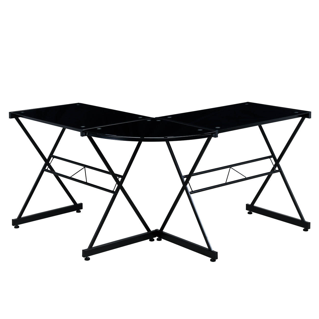 Sleek Black L-Shaped Glass Desk with Cross Frame Design