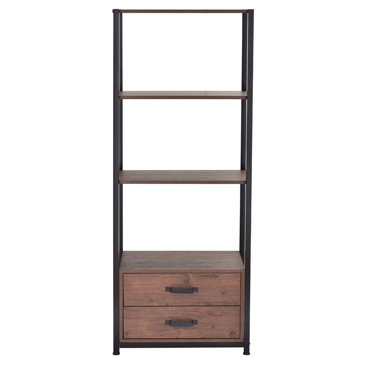 Home Office 4-Tier Bookshelf, Simple Industrial Bookcase Standing Shelf Unit Storage Organizer with 4 Open Storage Shelves and Two Drawers, Brown