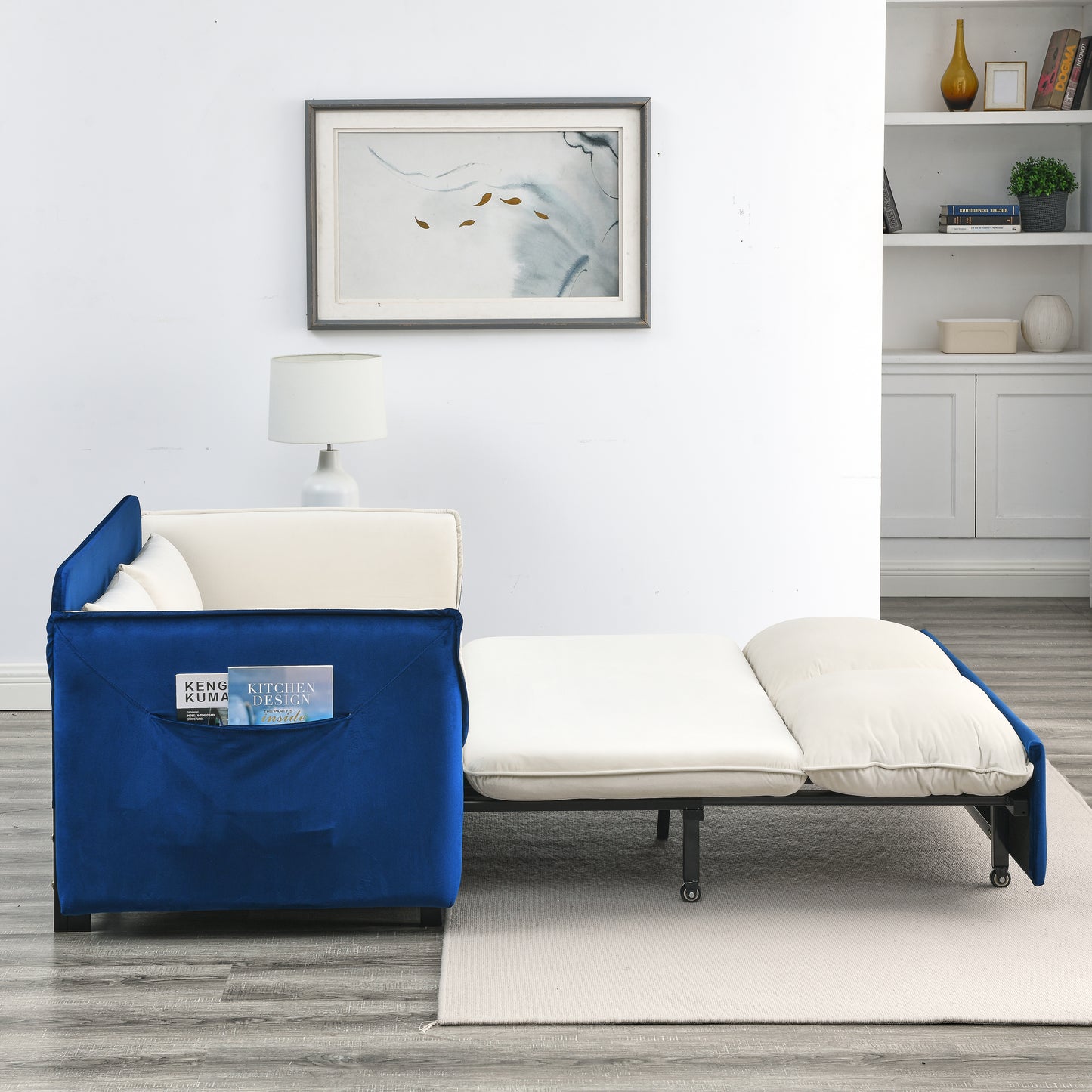 MH 57" Modern Convertible Sofa Bed with 2 Detachable Arm Pockets, Velvet Loveseat Multi-position adjustable Sofa with Pull Out Bed with Bedhead, 2 Pillows and Living Room, WHITE-BLUE