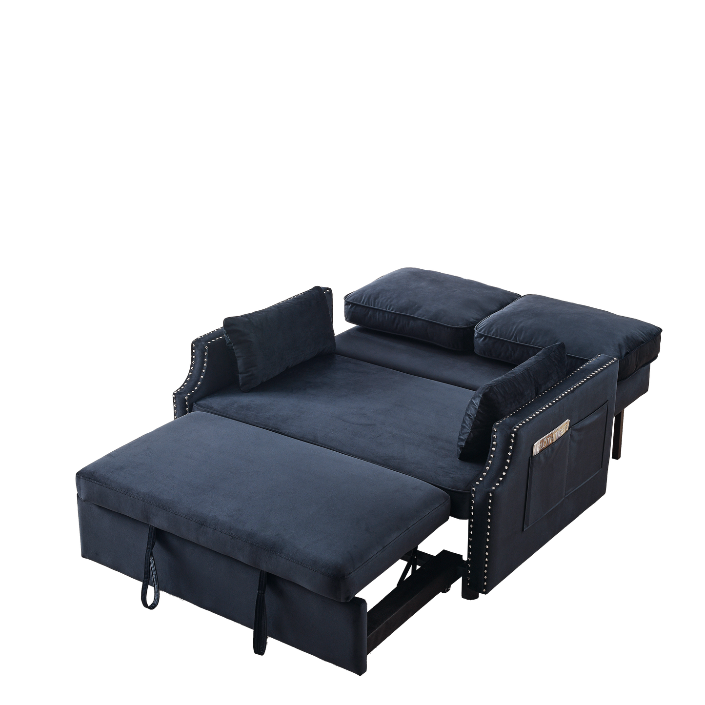 50 Velvet Sleeper Sofa Bed with Side Storage Pockets and Nailhead Design, 2-Seater Sofa with 2 Pillows and Removable Backrest