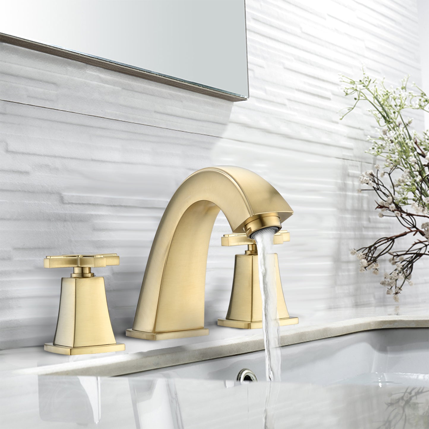 Luxury Brushed Gold Widespread Bathroom Faucet with 2 Handles and Drain Assembly