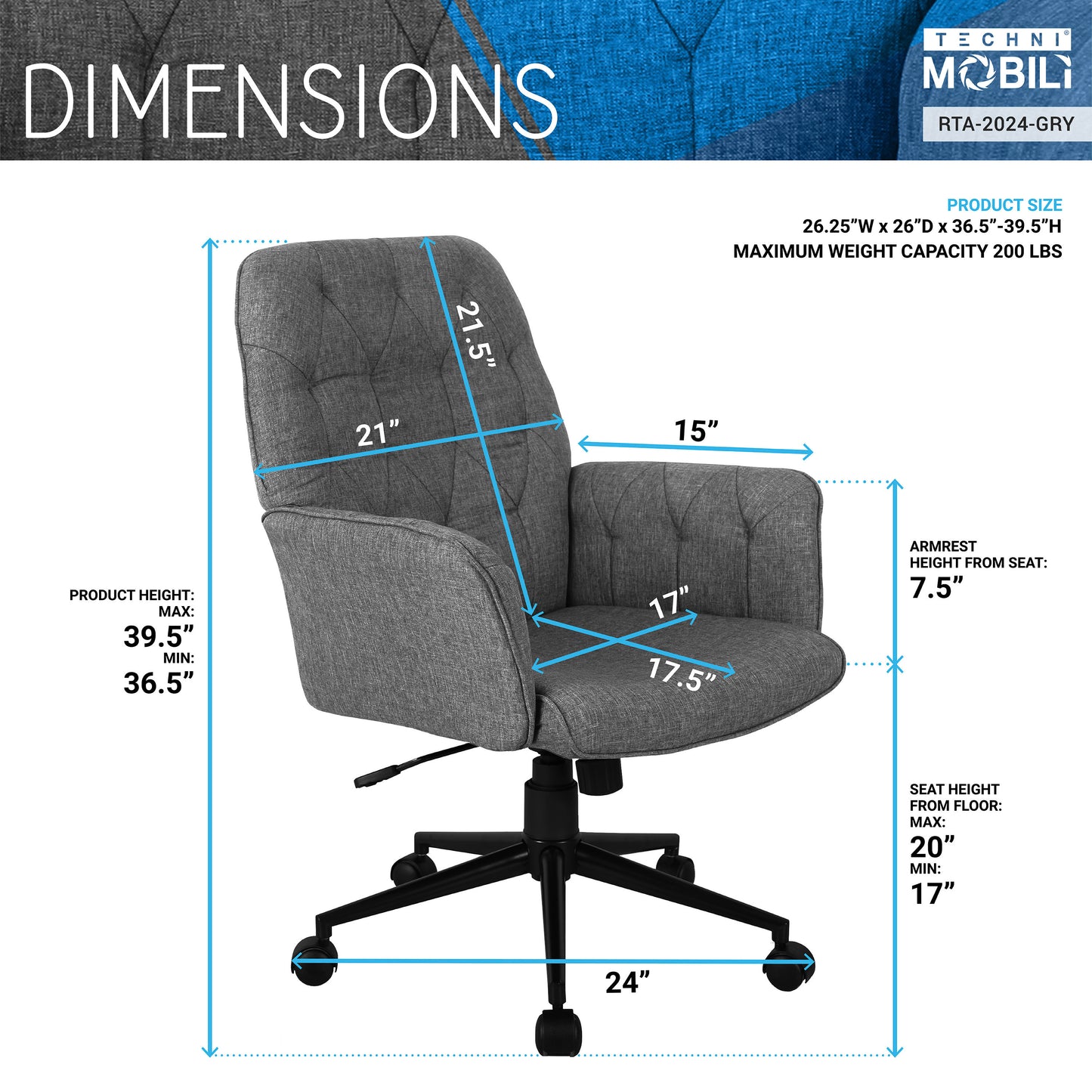 Modern Upholstered Tufted Office Chair with Arms, Grey