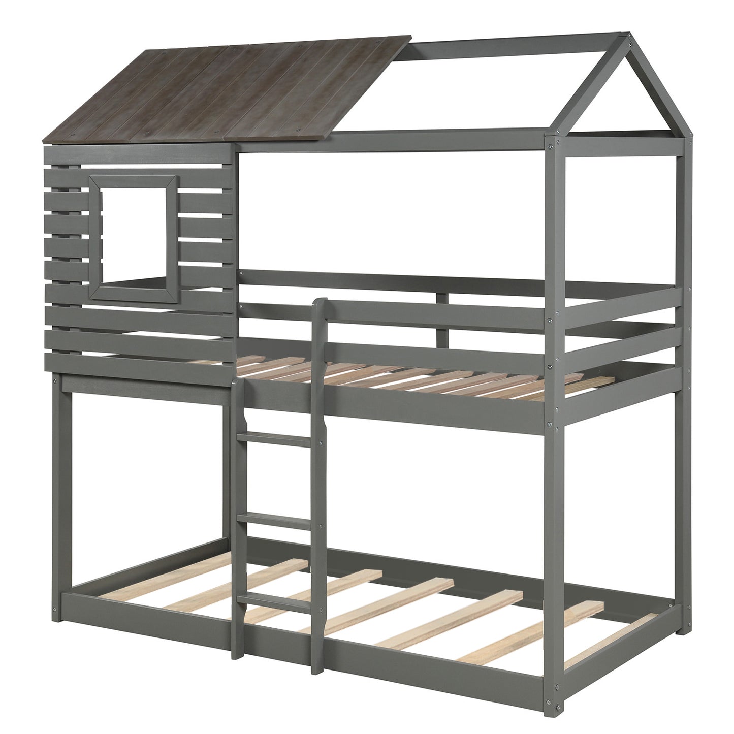 Gray Twin Over Twin Bunk Bed with Playhouse Roof and Window