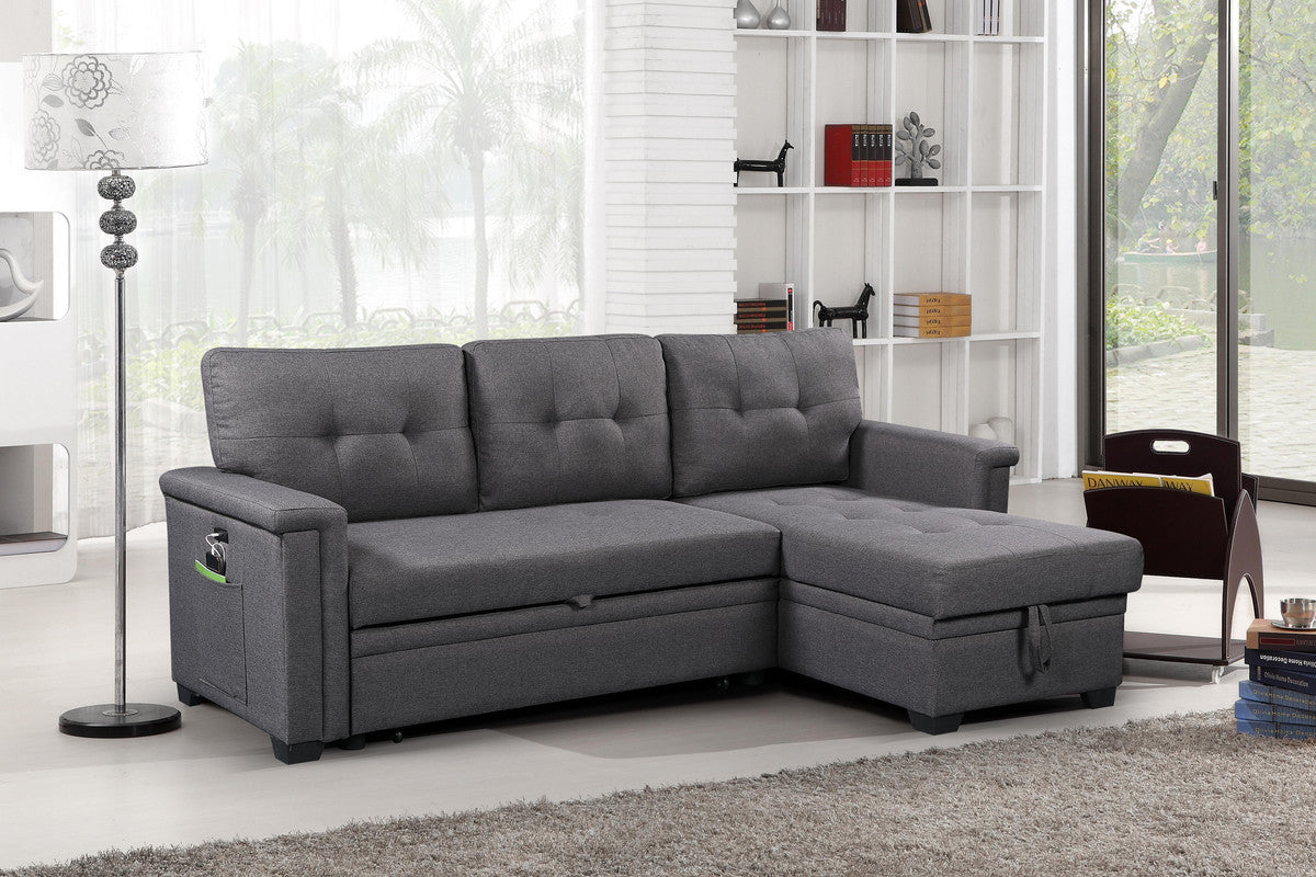 Gray Linen Sleeper Sectional Sofa with Storage Chaise, USB Charging Ports and Pocket