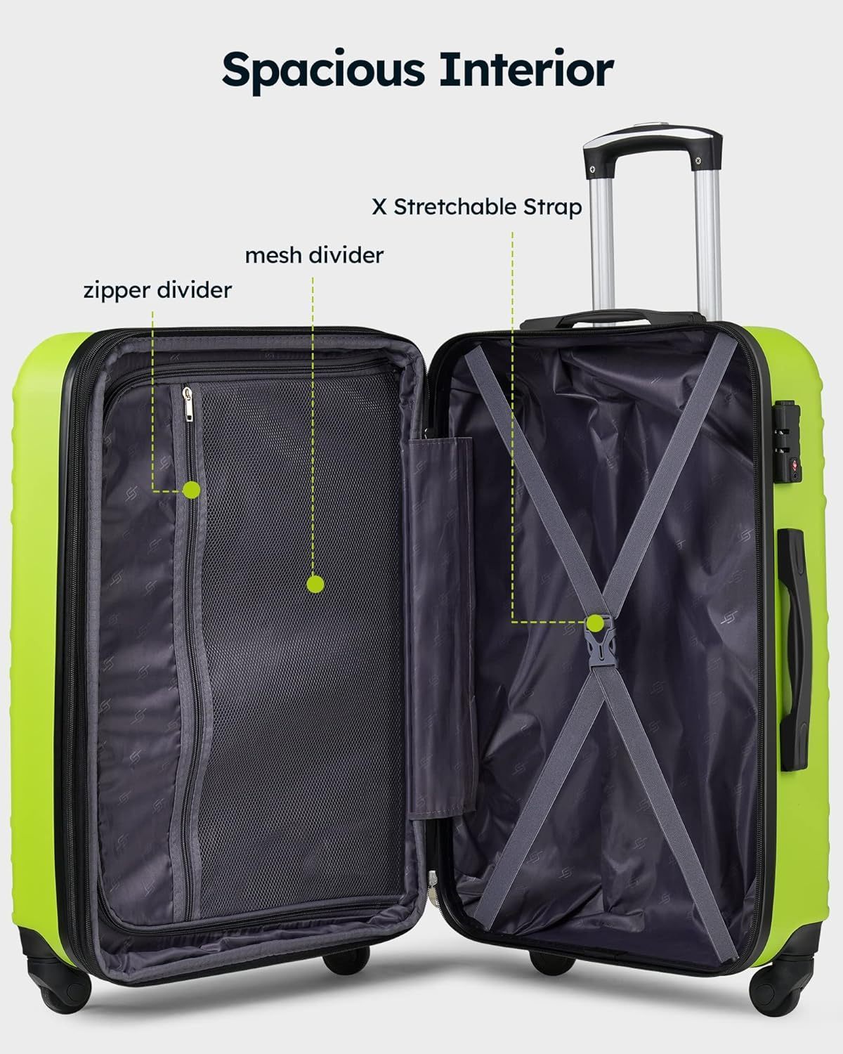 3 Piece Luggage Set Expandable (Only 24" & 28"), Hard Suitcase Set with Spinner Wheels and TSA Lock, Travel Luggage Set (Green Lime)