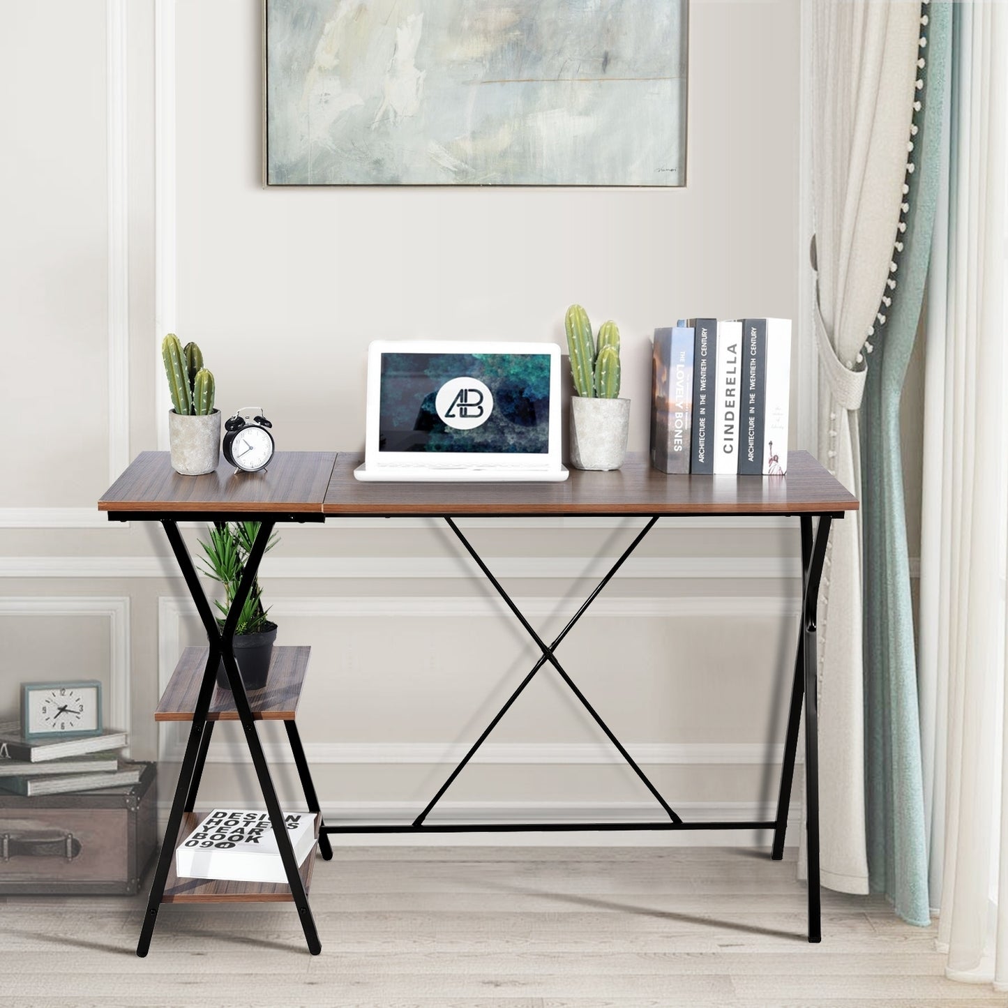 Brown and Black Computer Desk with Two Layers for Efficient Work Completion