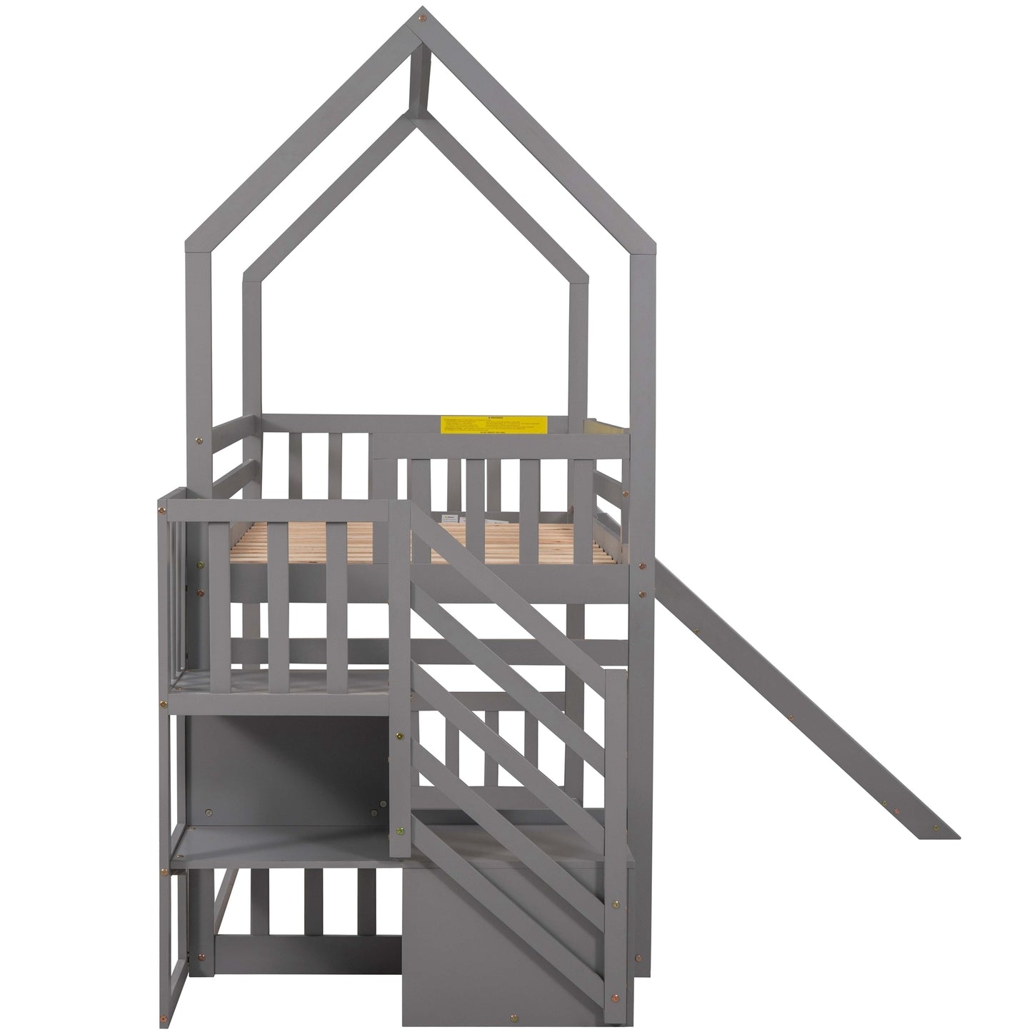 House Bunk Bed with Twin Over Twin Convertible Slide, Storage Staircase, and Gray Finish