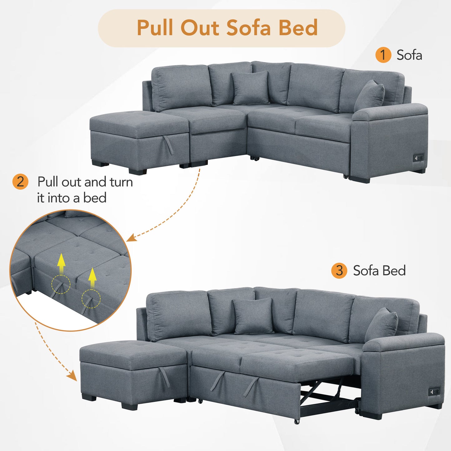 L-Shaped Sleeper Sectional Sofa with Ottoman and USB Charge, Dark Gray