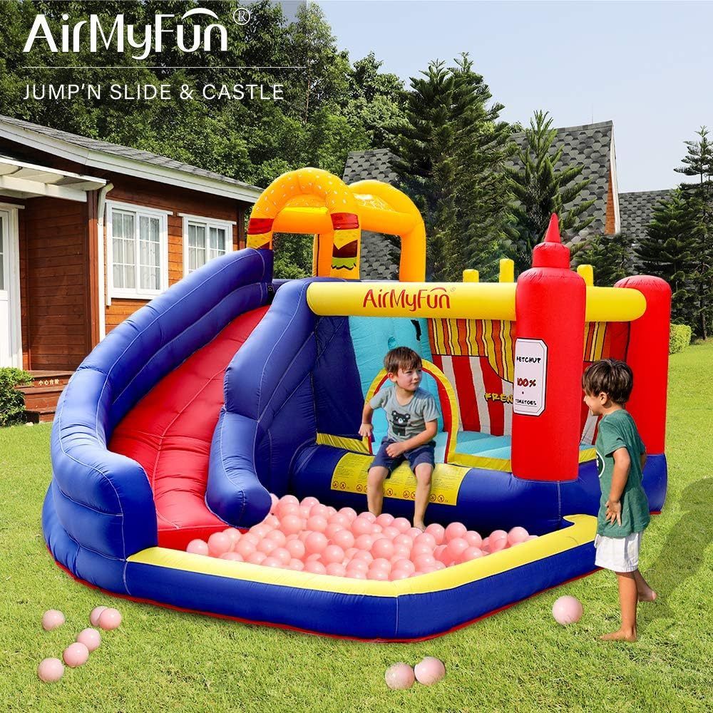 AirMyFun Food Bouncy Castle with Hamburger and Ketchup Shape, Jump & Slide Area with Safety Net