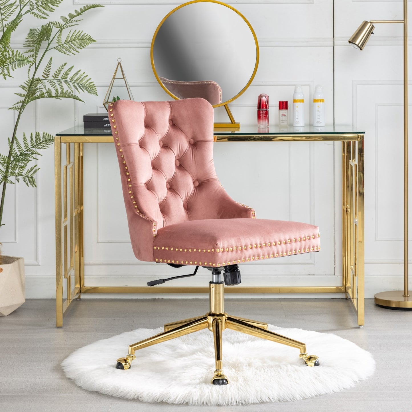 A&A Furniture Office Chair,Velvet Upholstered Tufted Button Home Office Chair with Golden Metal Base,Adjustable Desk Chair Swivel Office Chair (Pink)