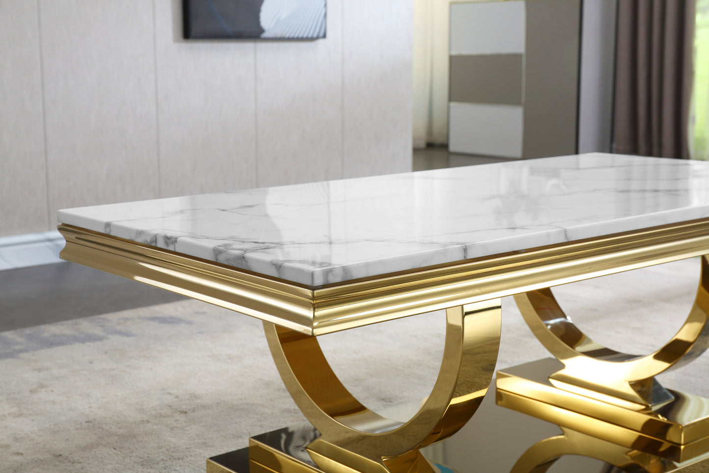 Elegant White Marble Coffee Table with Gold Mirrored Stainless Steel Base