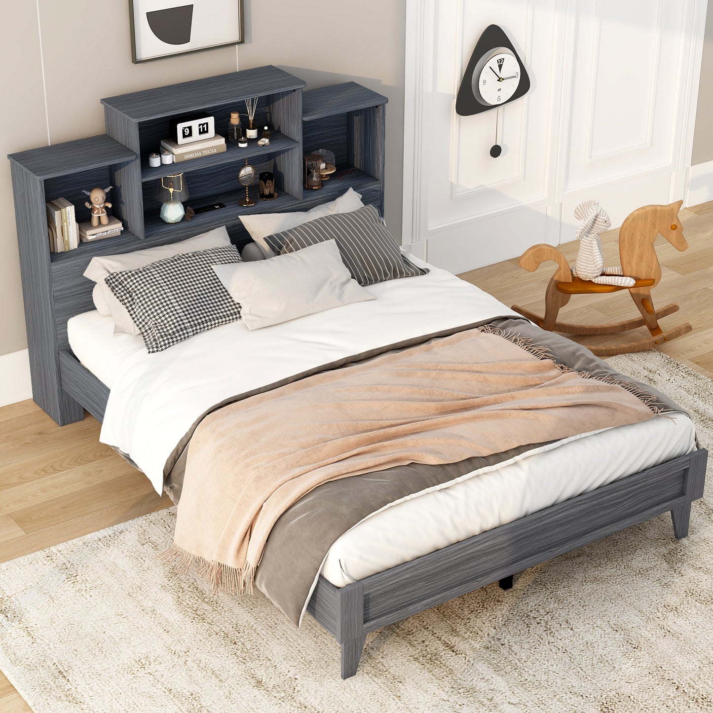 Queen Size Storage Platform Bed Frame with 4 Open Storage Shelves and USB Charging Design,Gray