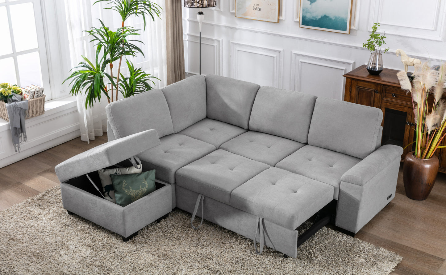 Elegant Gray Sleeper Sectional Sofa with L-Shape Design & Hidden Storage