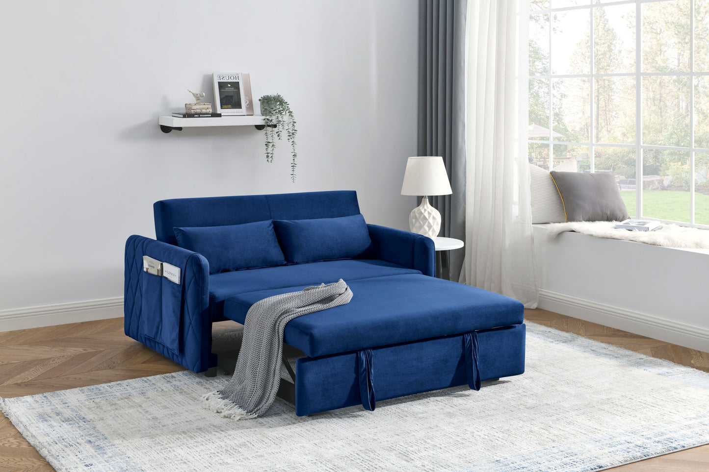 55 Convertible Velvet Sofa Bed with Adjustable Backrest and Storage Pockets