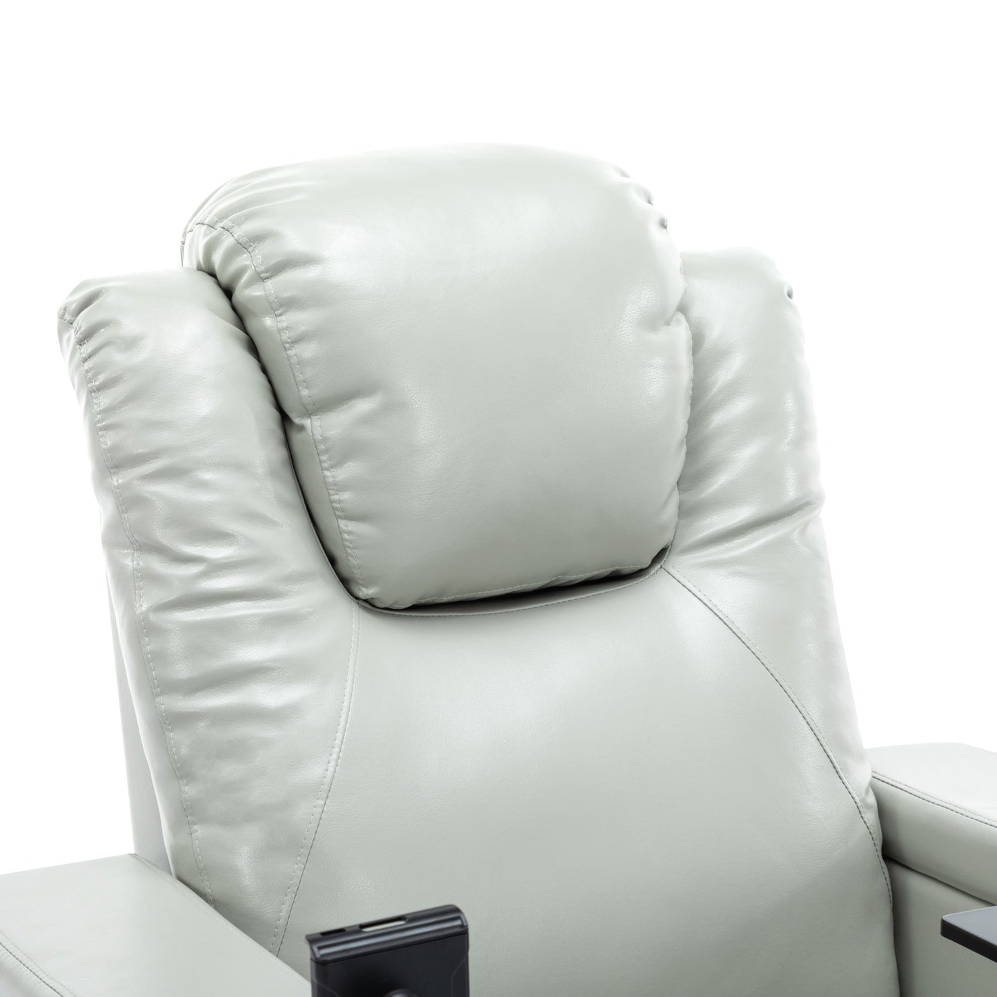 Luxurious Grey PU Leather Power Recliner with Surround Sound and Storage.