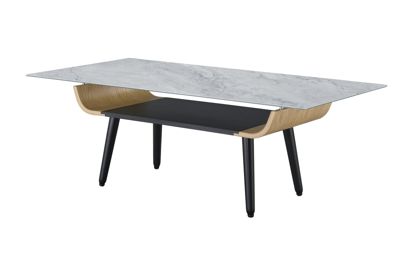 Landon Coffee Table with Gray Marble Glass Top and Unique Bent Wood Design