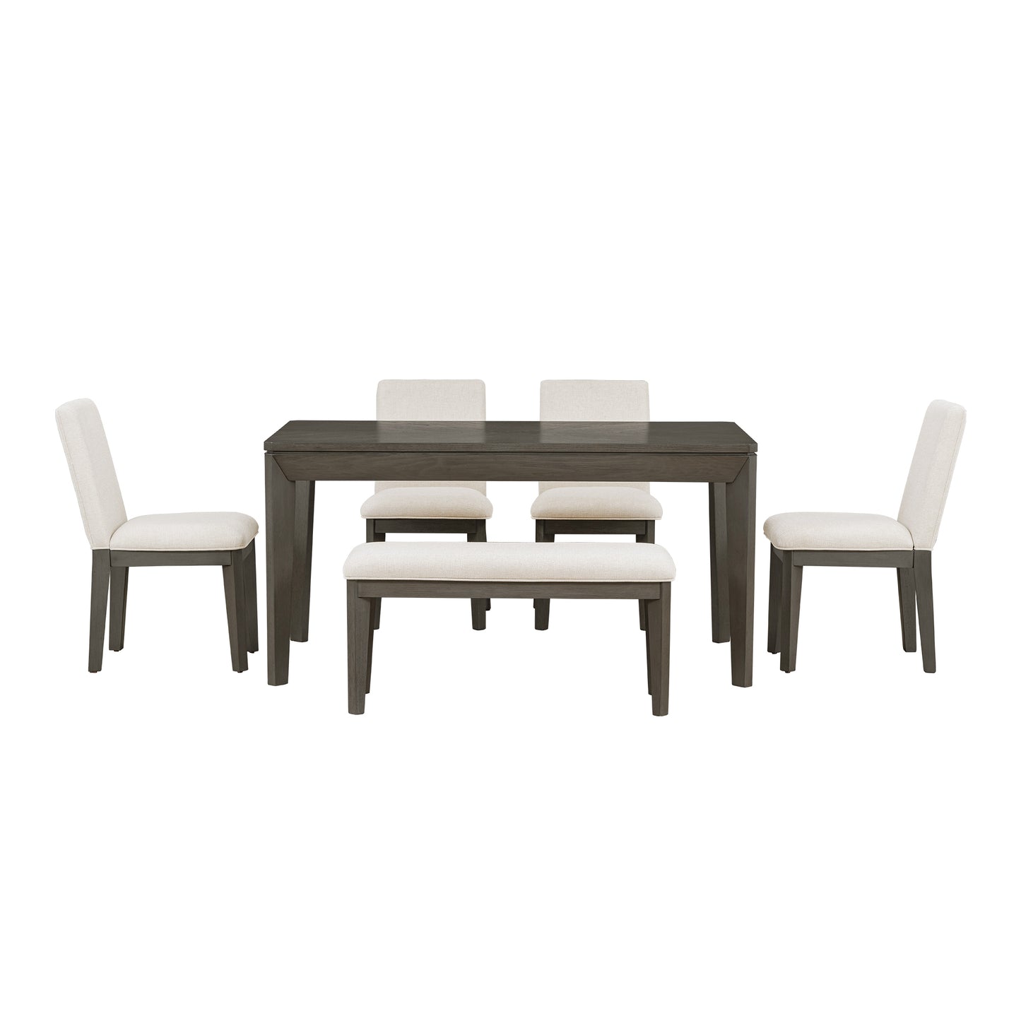 6-Piece Dining Table Set with Upholstered Dining Chairs and Bench,Farmhouse Style, Tapered Legs, Dark Gray+Beige