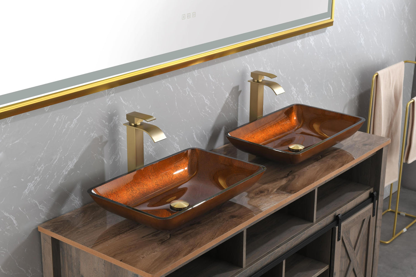 Luxurious Handmade Glass Vessel Sink Set in Deep Chocolate Brown Finish with Gold Accents