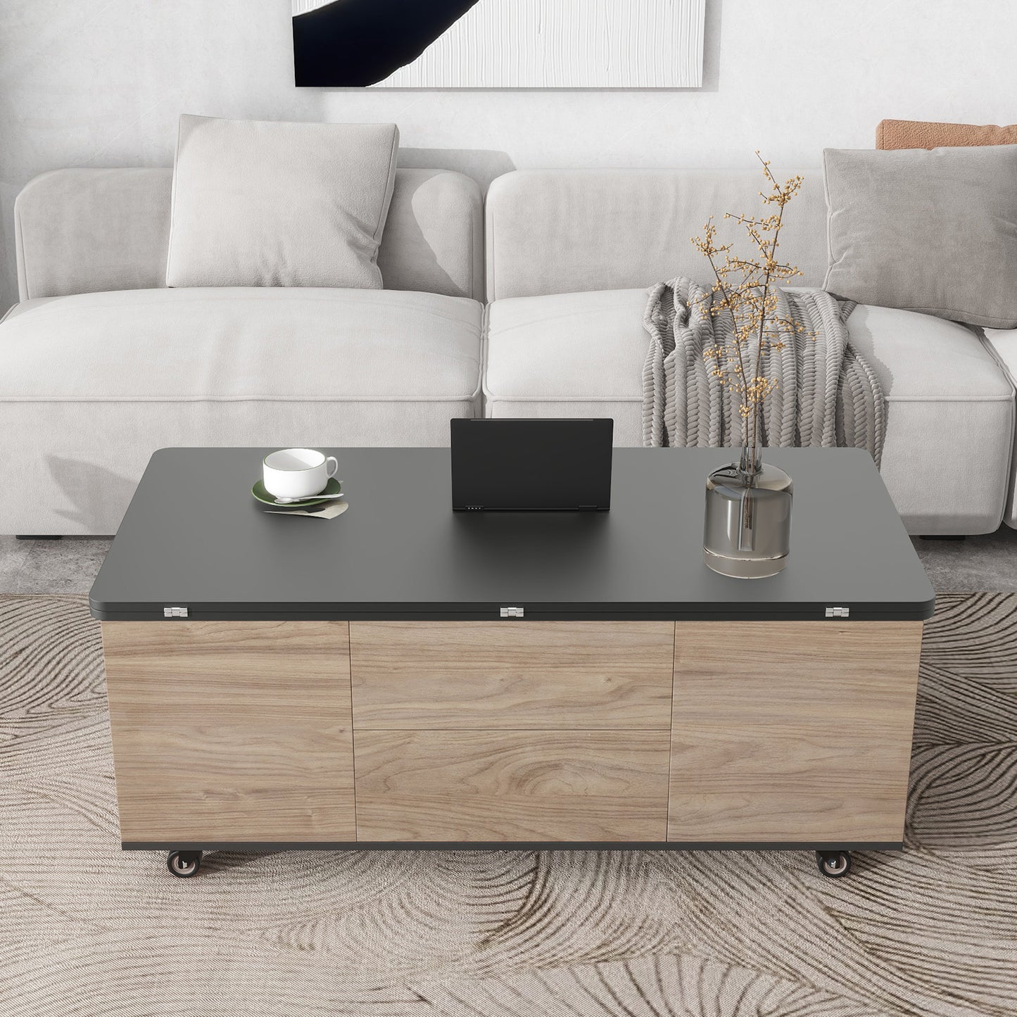 Walnut and Black Lift Top Coffee Table with Multi Functional Drawers