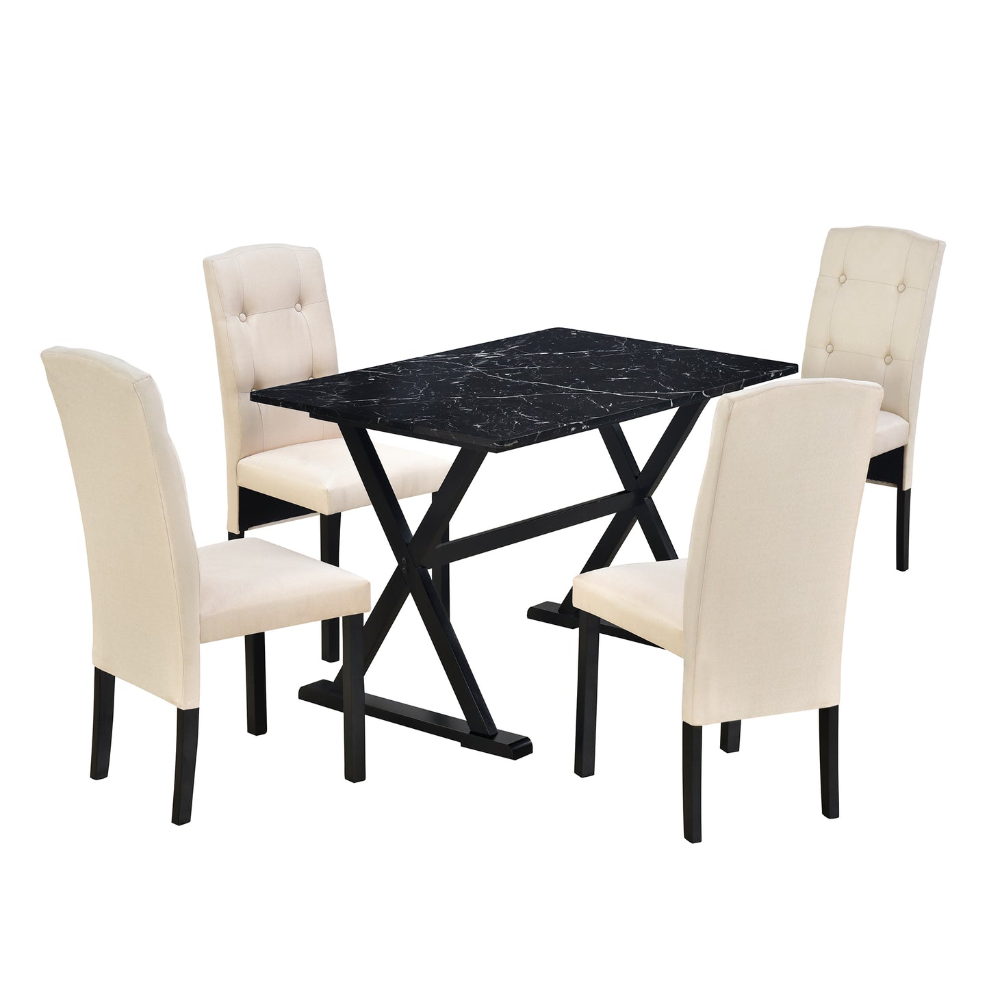 Solid Wood 5-Piece Dining Table Set with Faux Marble Tabletop and Upholstered Dining Chairs for 4, Faux Marble Black+Beige