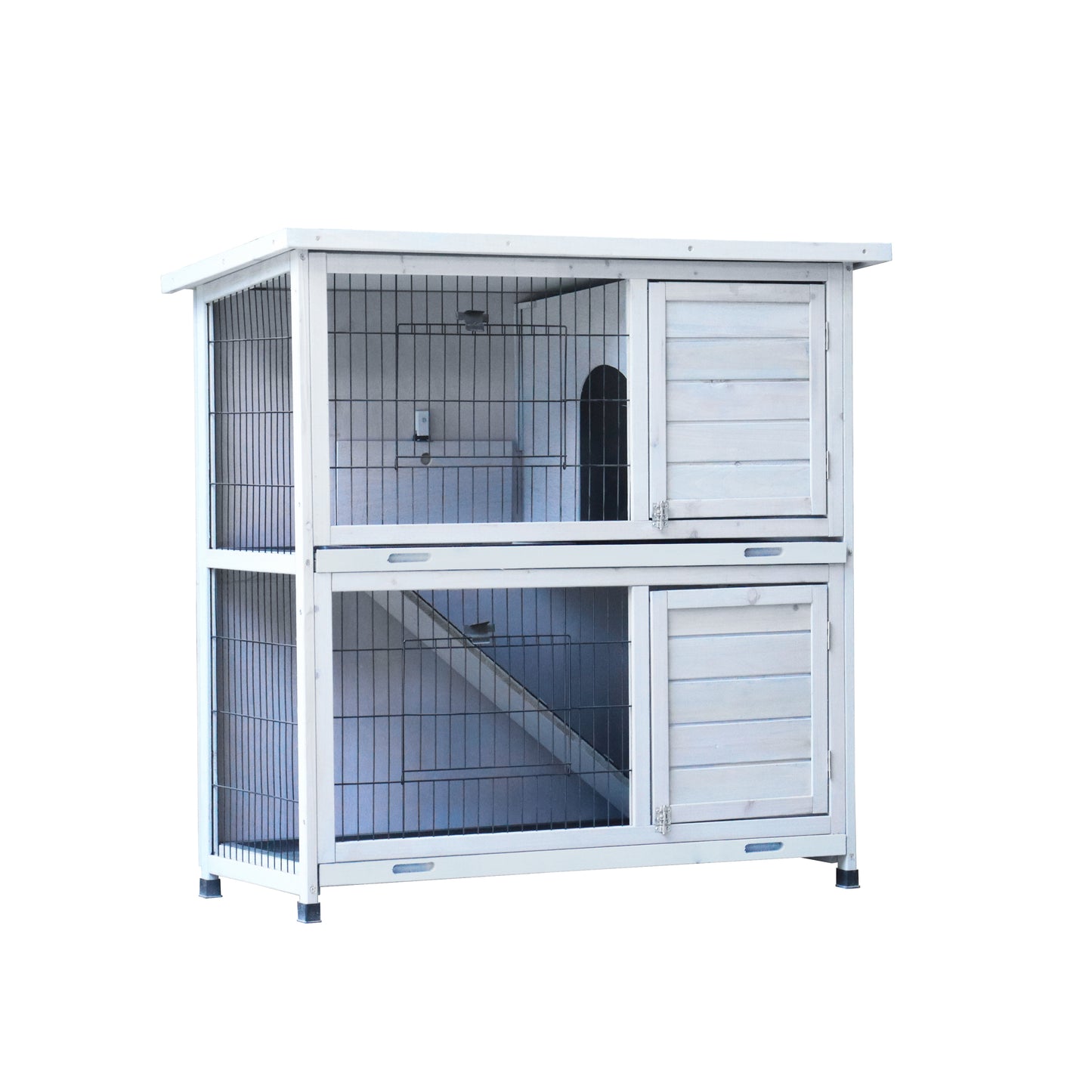 Rabbit Hutch Outdoor, 2-Story Rabbit Cage Indoor with Run, Bunny Cage with 2 Removable No-Leak Trays, Pet Cages with Non-Slip Ramp, Waterproof Roof, Fence, for Small Animals