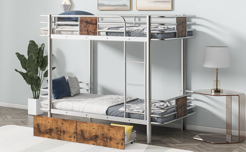 Silver Metal Bunk Bed with Twin XL Storage Drawers and Guardrail