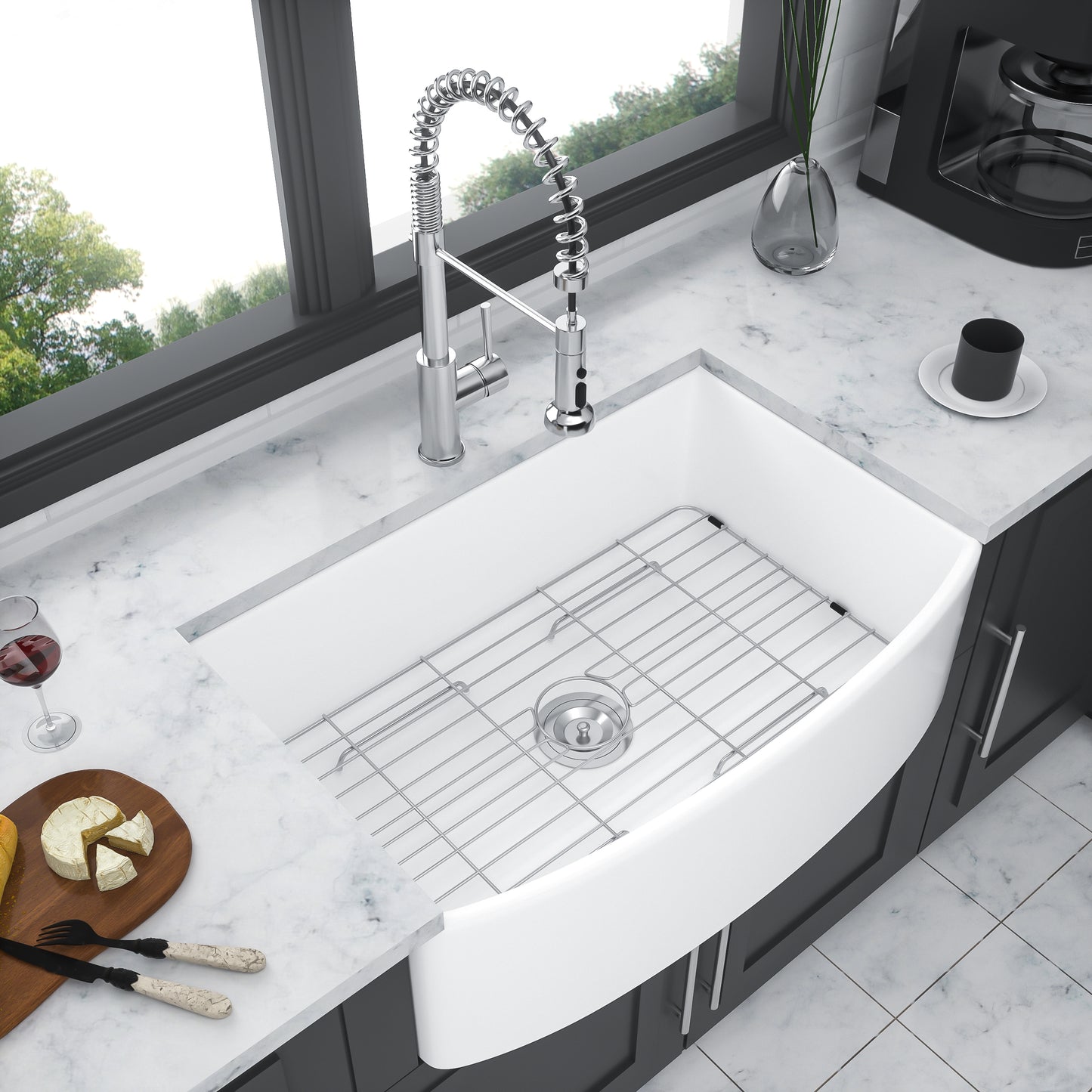 33 White Ceramic Farmhouse Kitchen Sink with Arch Edge Design