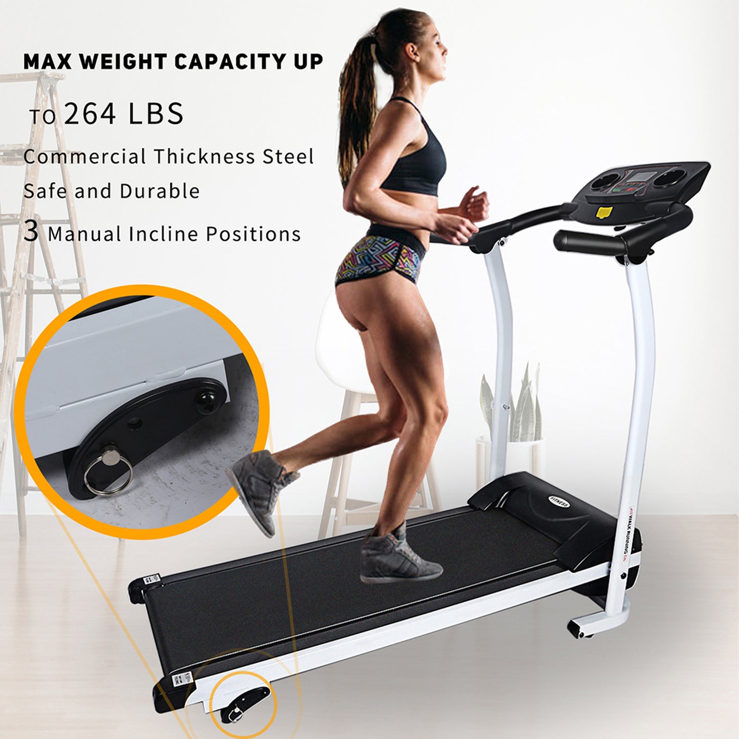 High Performance Folding Treadmill, Workout Running Machine with LCD Display and Phone Slot, Compact Treadmill for Fitness Gym Exercise, White and Black.