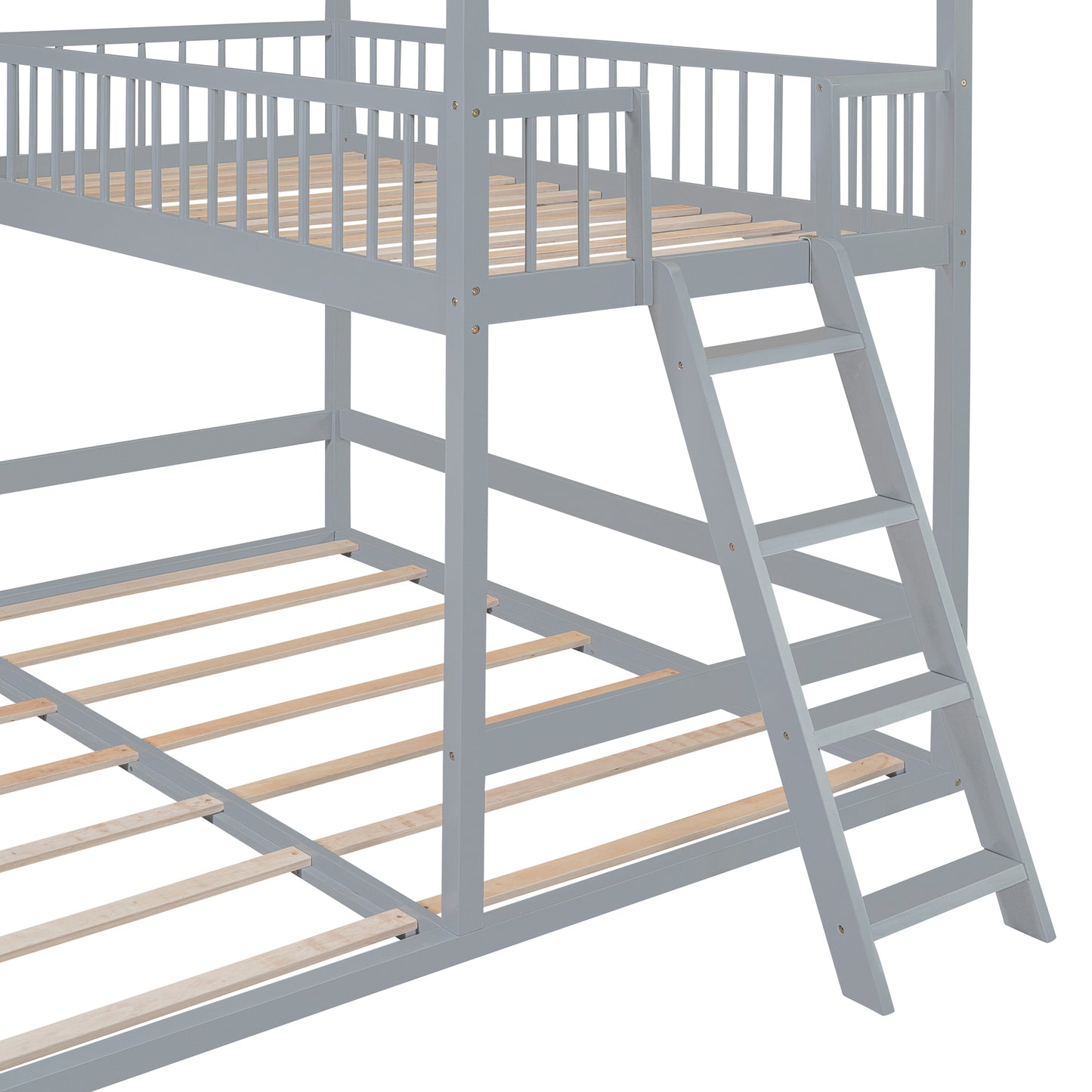 House-Shaped Twin Bunk Bed with Trundle, Ladder, and Artistic Design