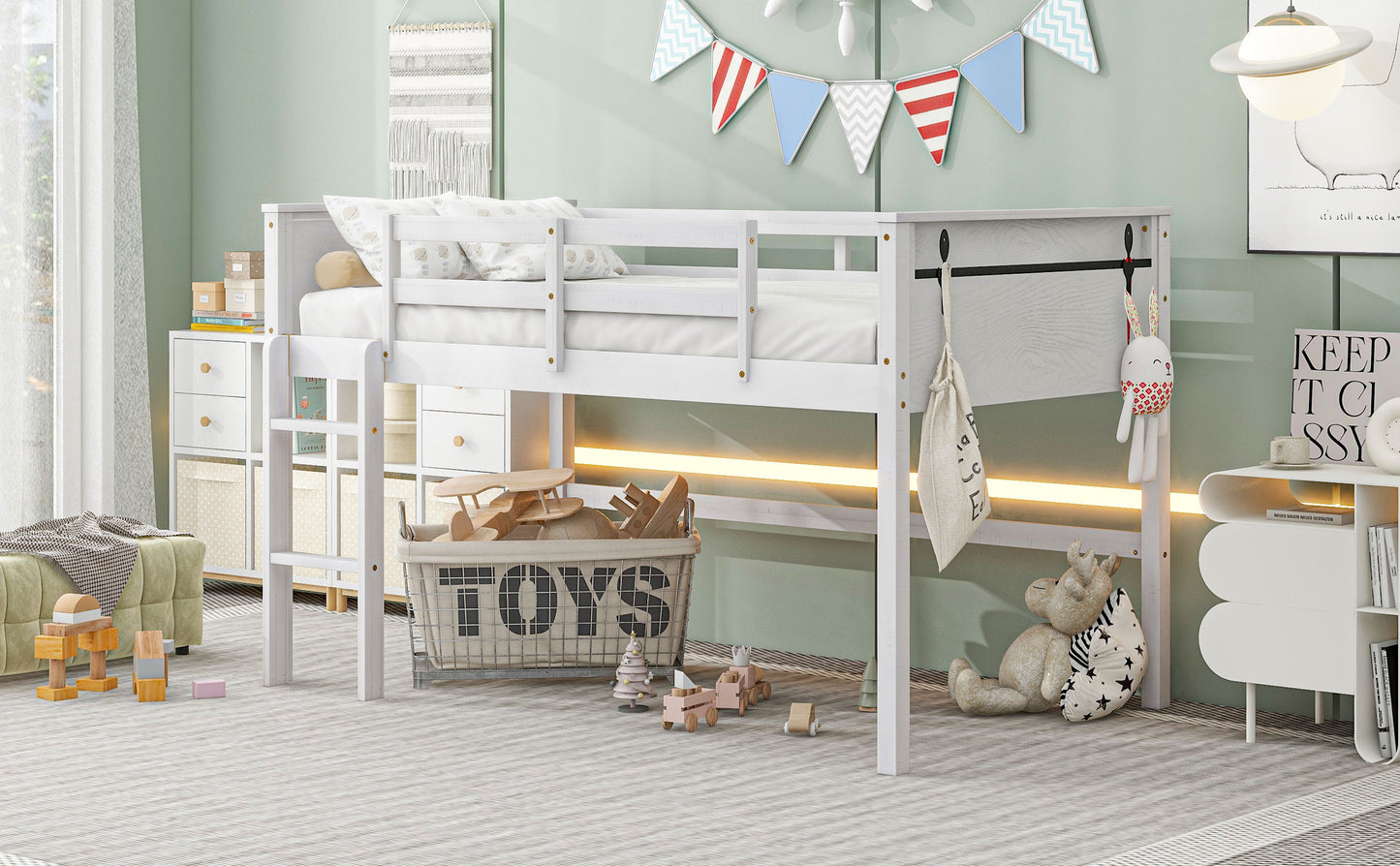 Wood Twin Size Loft Bed with Hanging Clothes Racks, White