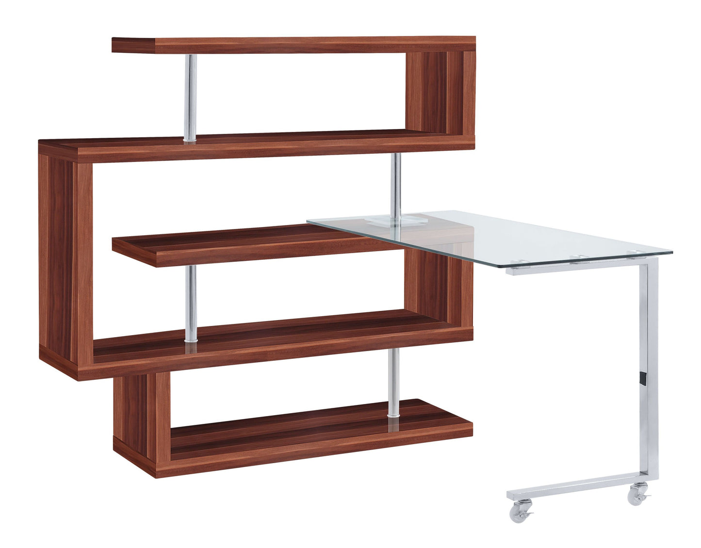 Modern Glass Top Writing Desk with Swivel Shelf and Walnut Finish