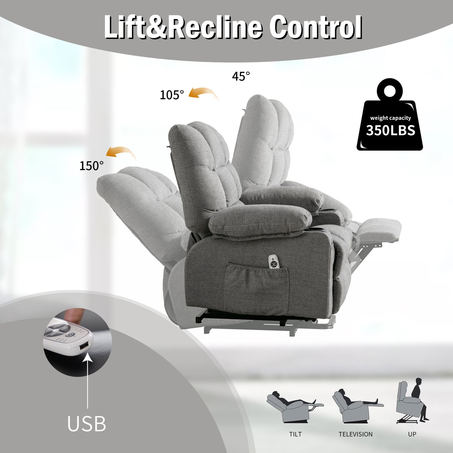 Comfortable Smoke Grey Power Lift Recliner Chair for the Elderly with Heat and Massage