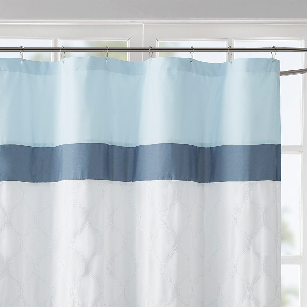 Sophisticated Blue Geometric and Damask Embroidered Shower Curtain