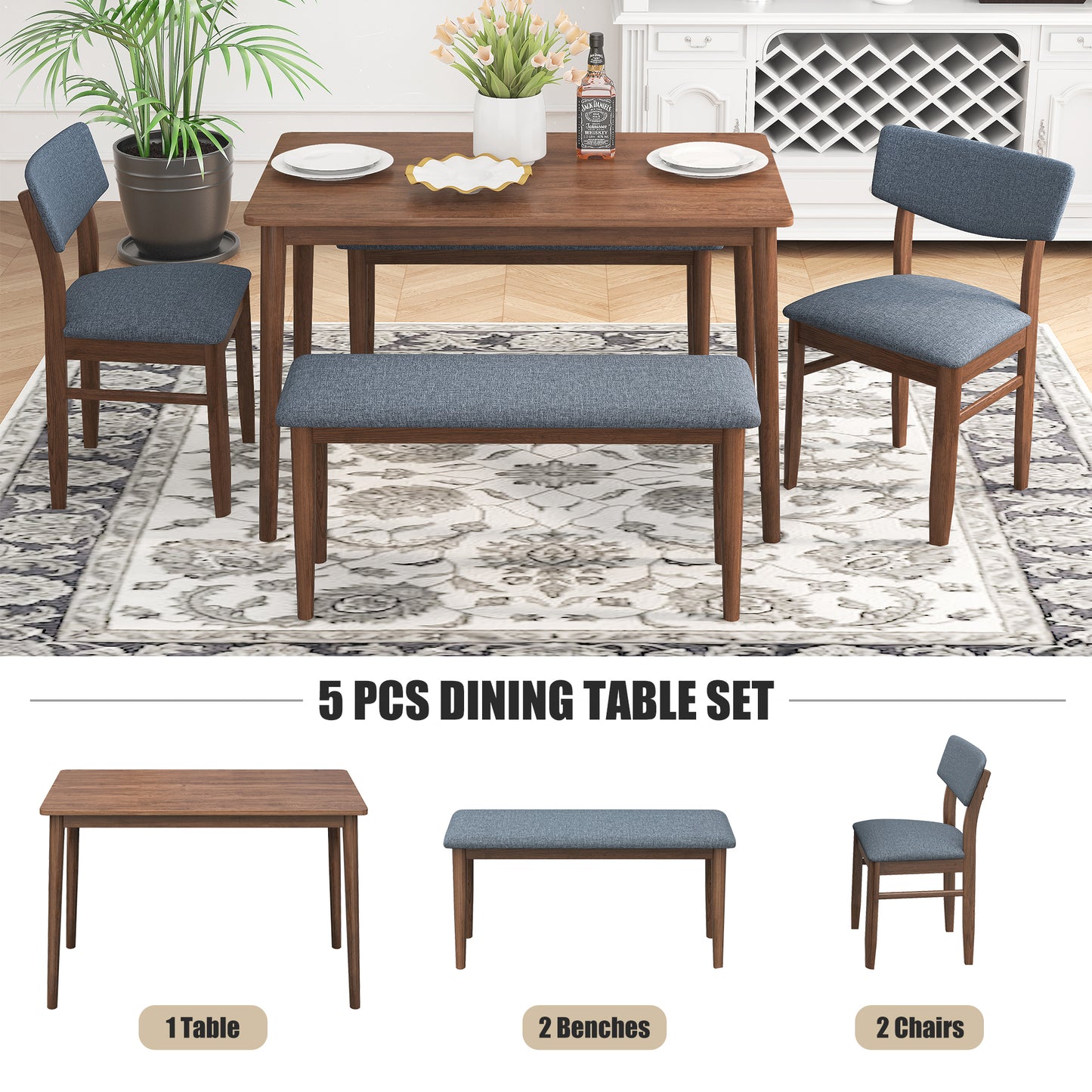 Modern Dining Table Set with 2 Benches and 2 Chairs Fabric Cushion for 6 All Rubber wood Kitchen Dining Table for Dining Room Small Space Grey