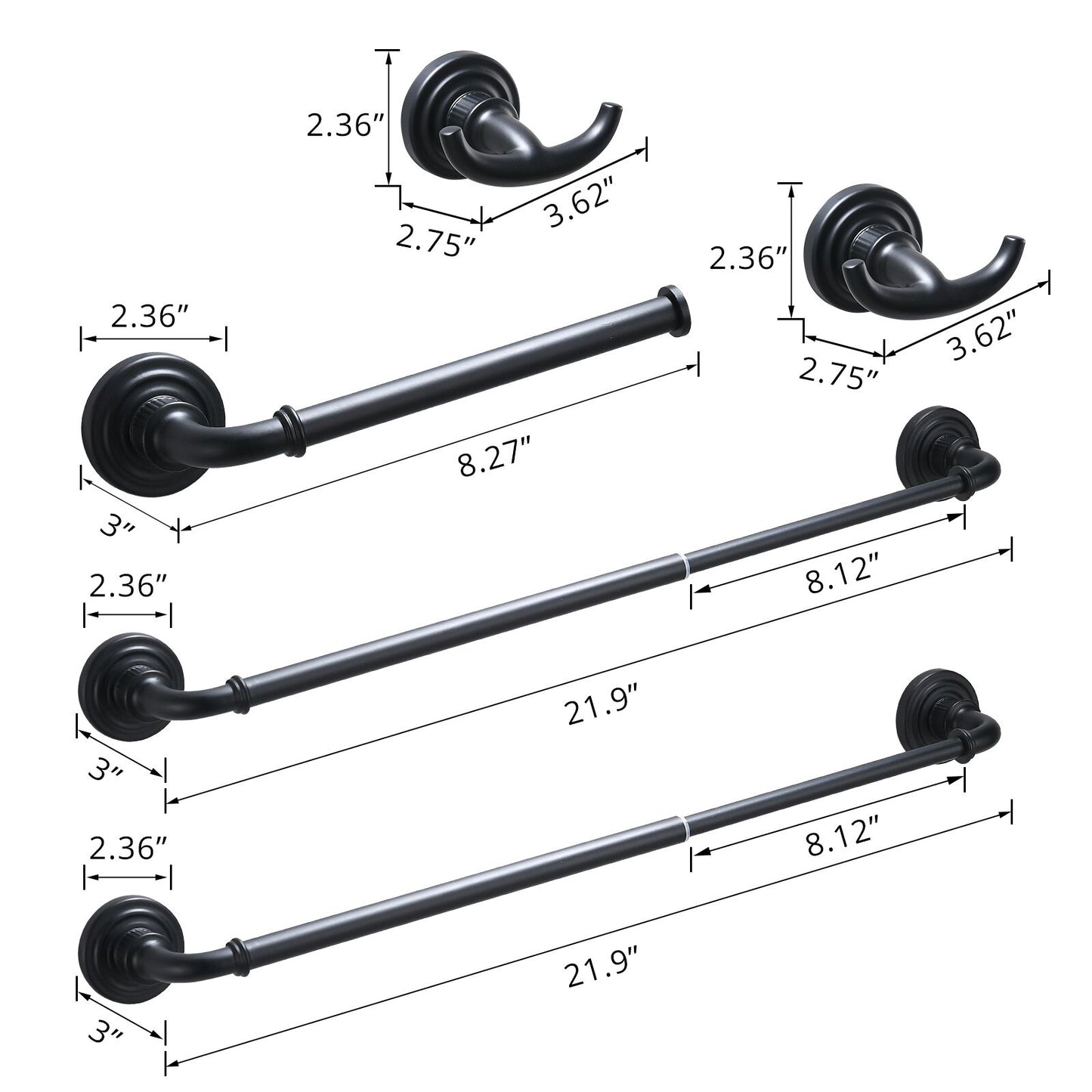 Elegant Black Bathroom Hardware Set with Adjustable 24-Inch Towel Rack