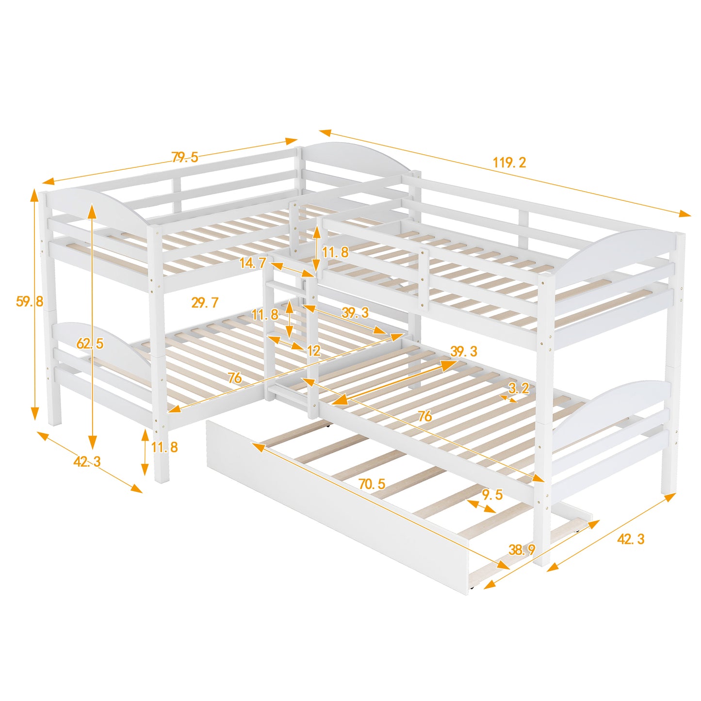 L-Shaped Bunk Bed with Trundle and Three Twin Size Beds