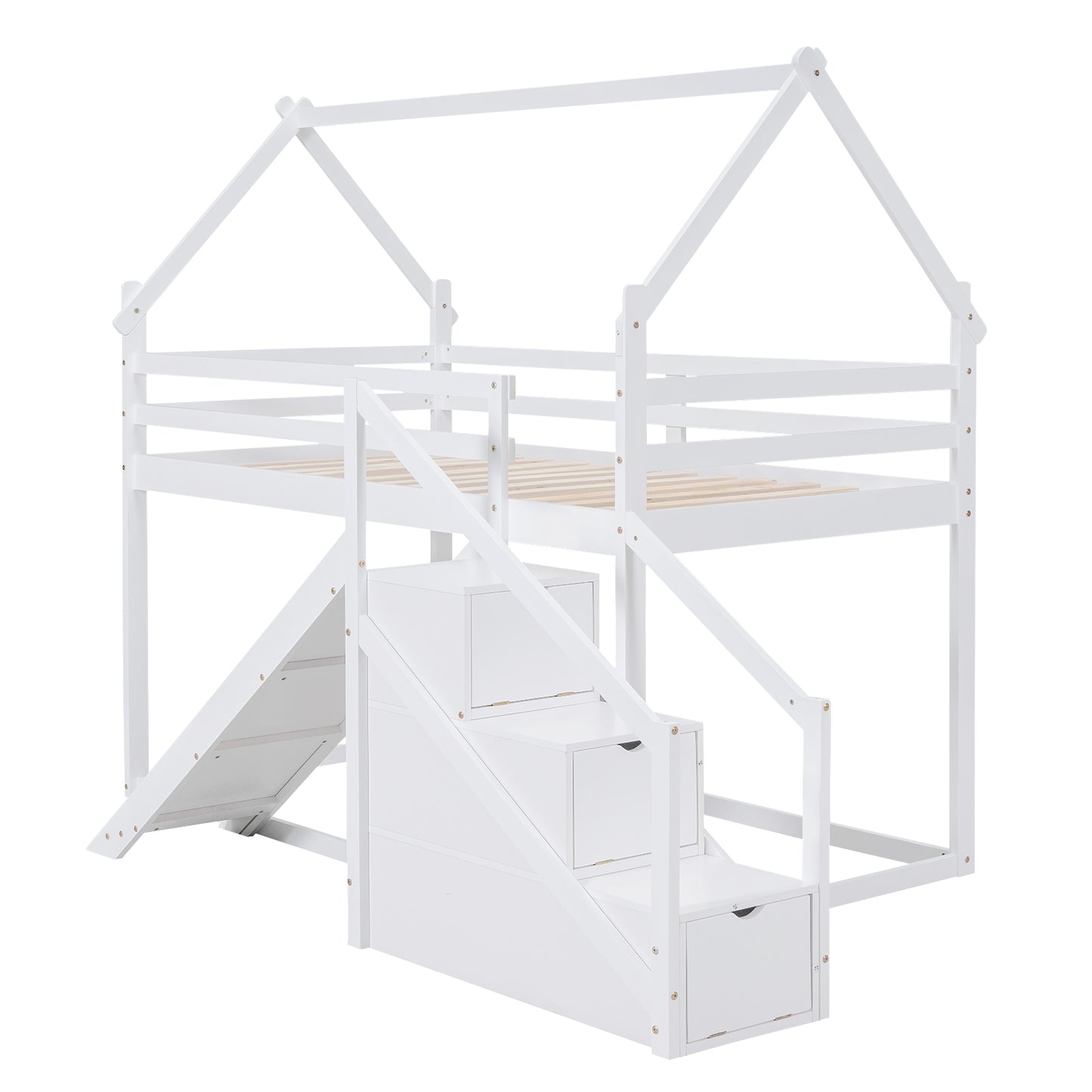 White Twin over Twin House Loft Bunk Bed with Slide, Staircase, Storage, and Play Area