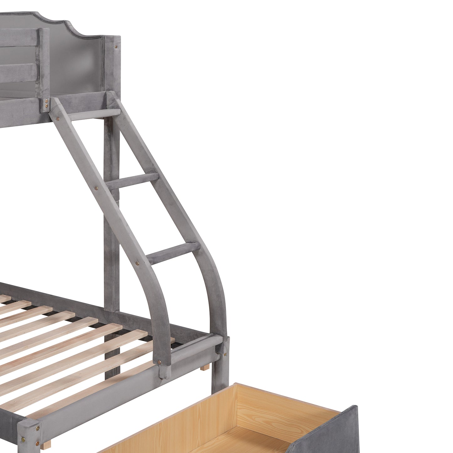 Gray Velvet Triple Bunk Bed with Full Over Twin & Twin, Drawers, Guardrails, and Space-Saving Design