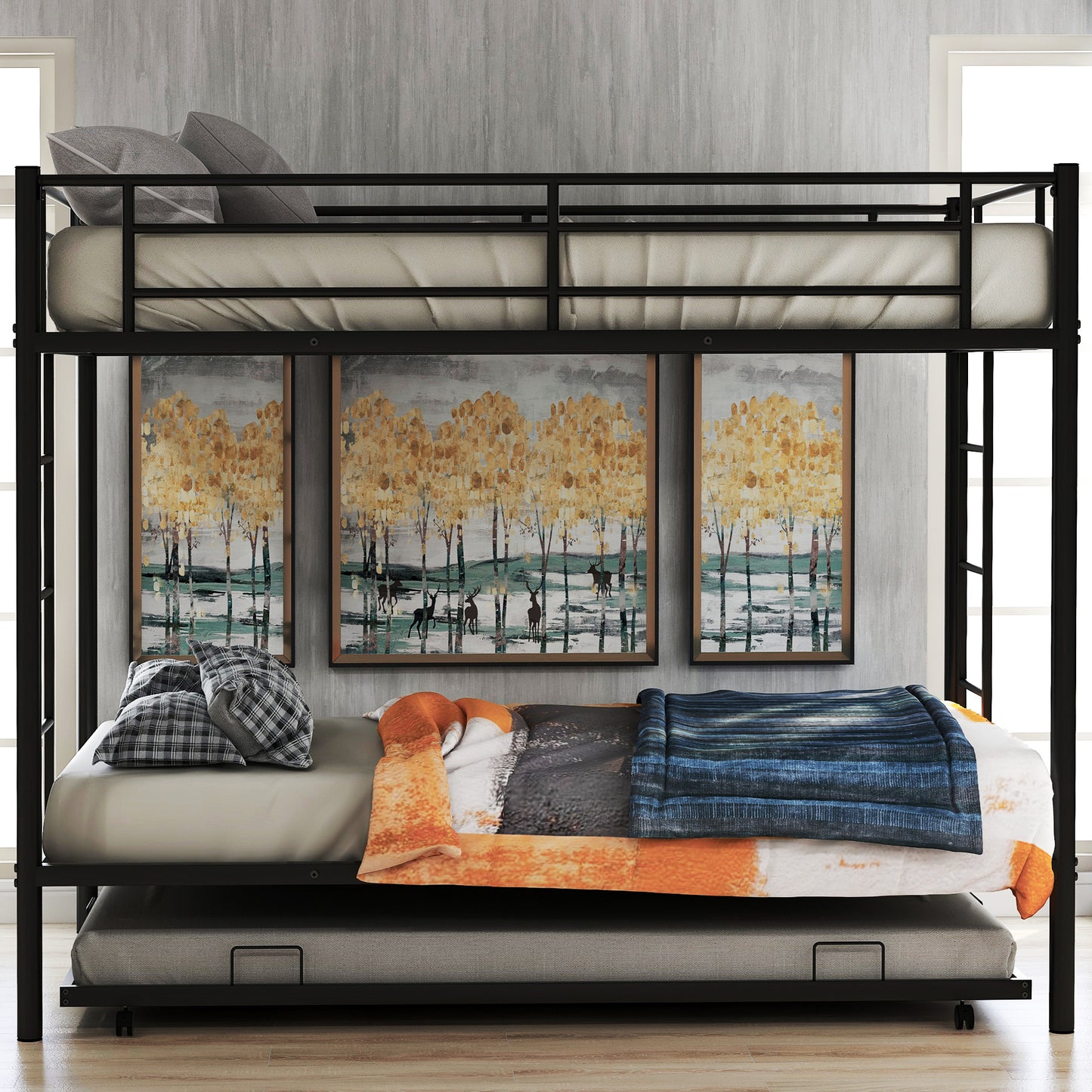 Twin Bunk Bed with Trundle - Space-Saving Black Design