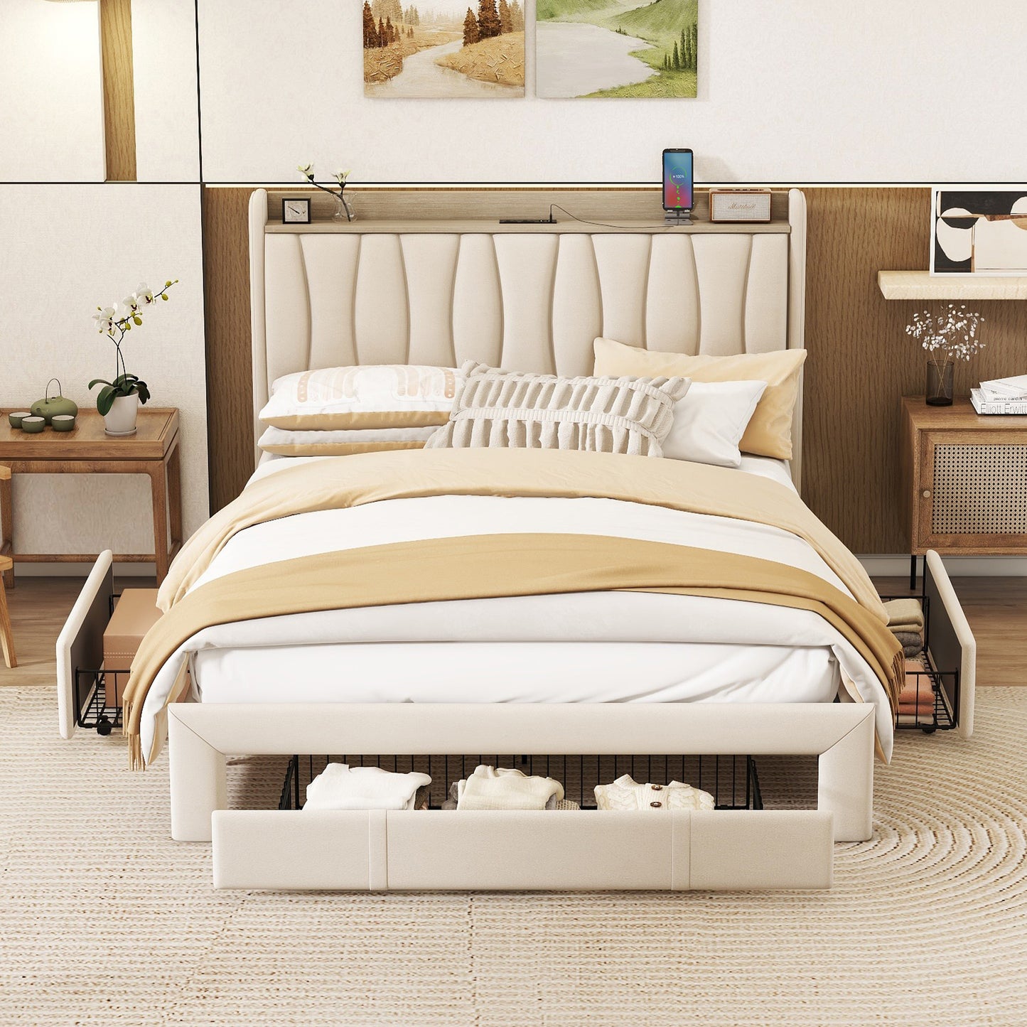 Queen Size Bed Frame with Storage Headboard and Charging Station, Upholstered Platform Bed with 3 Drawers, No Box Spring Needed, Beige