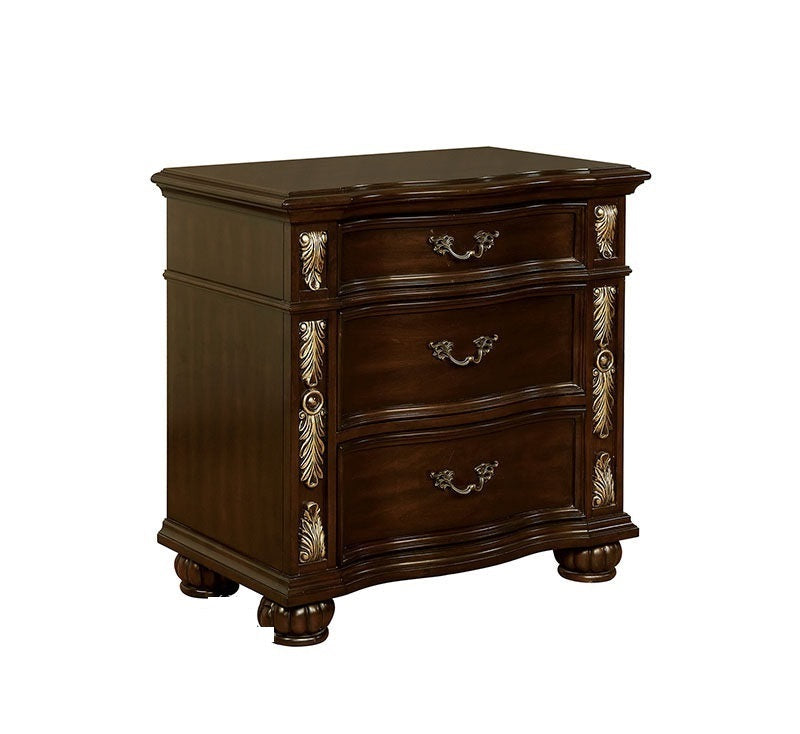 Formal Traditional 1pc Nightstand Only Brown Cherry Solid wood 3-Drawers Decorative Detail Brass Arch Pull Bedroom Furniture