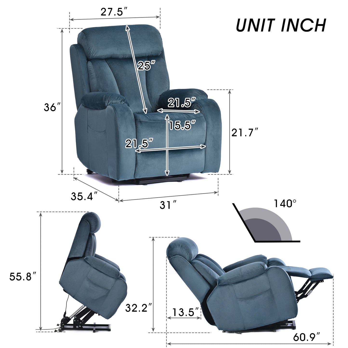 Elderly Power Lift Recliner Chair in Navy Blue with Remote Control