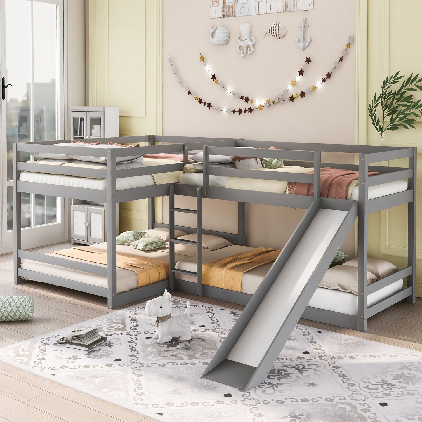 Gray L-Shaped Bunk Bed with Full and Twin Size, Slide, and Short Ladder