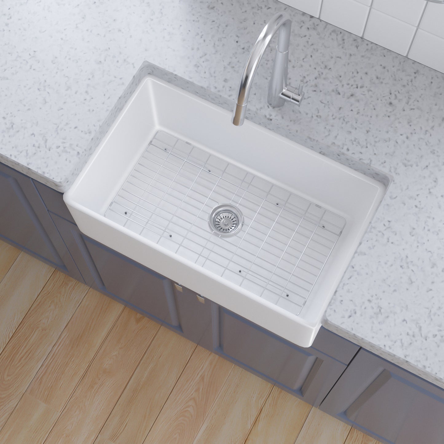 White Fireclay Farmhouse Kitchen Sink with Reversible Single Bowl