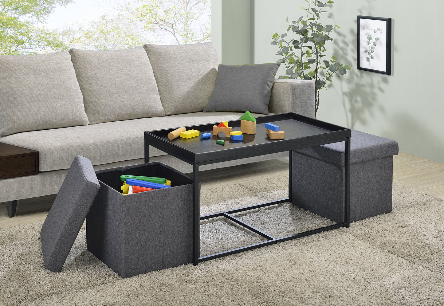 Monty Black Wooden Finish Coffee Table Set with Storage Ottoman