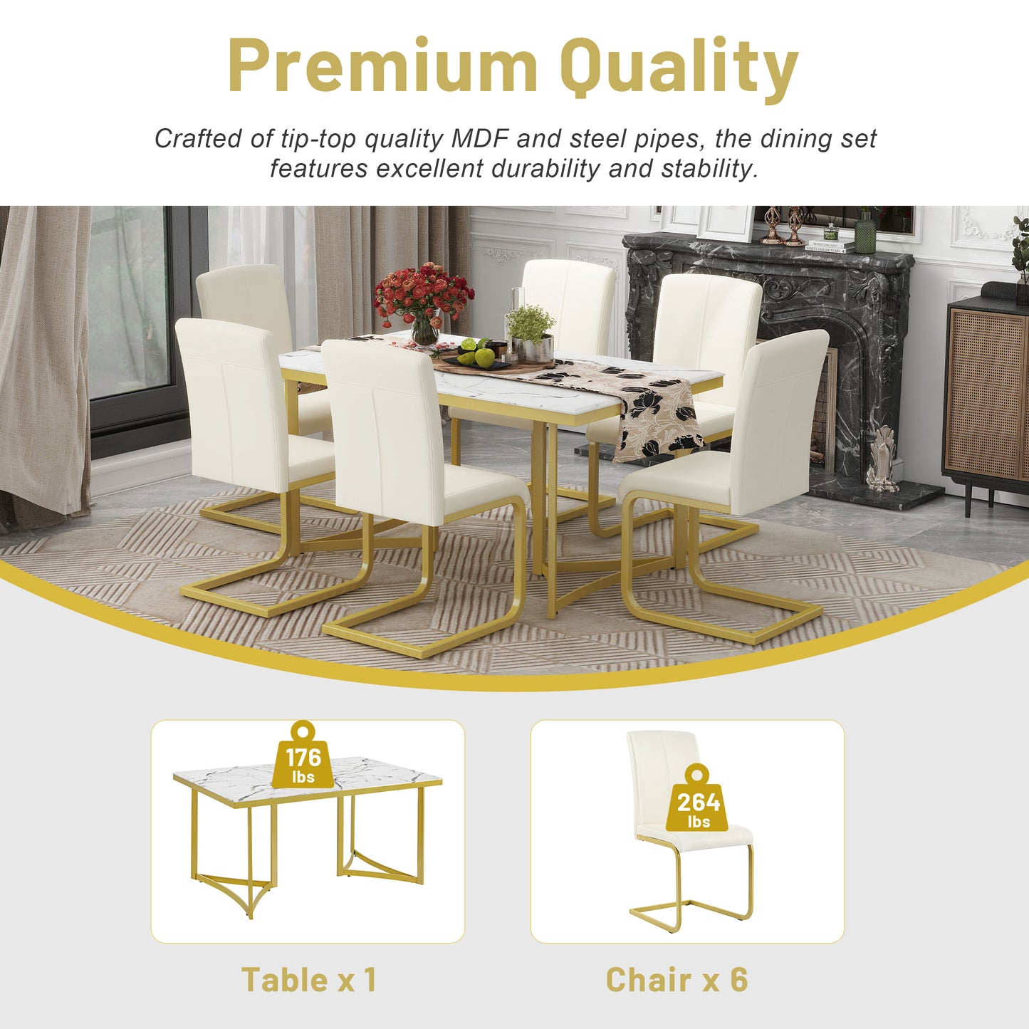 TREXM 7-Piece Modern Dining Table Set, Rectangular Marble Sticker Table and 6 PU Leather Chairs with Golden Steel Pipe Legs for Dining Room and Kitchen (White)