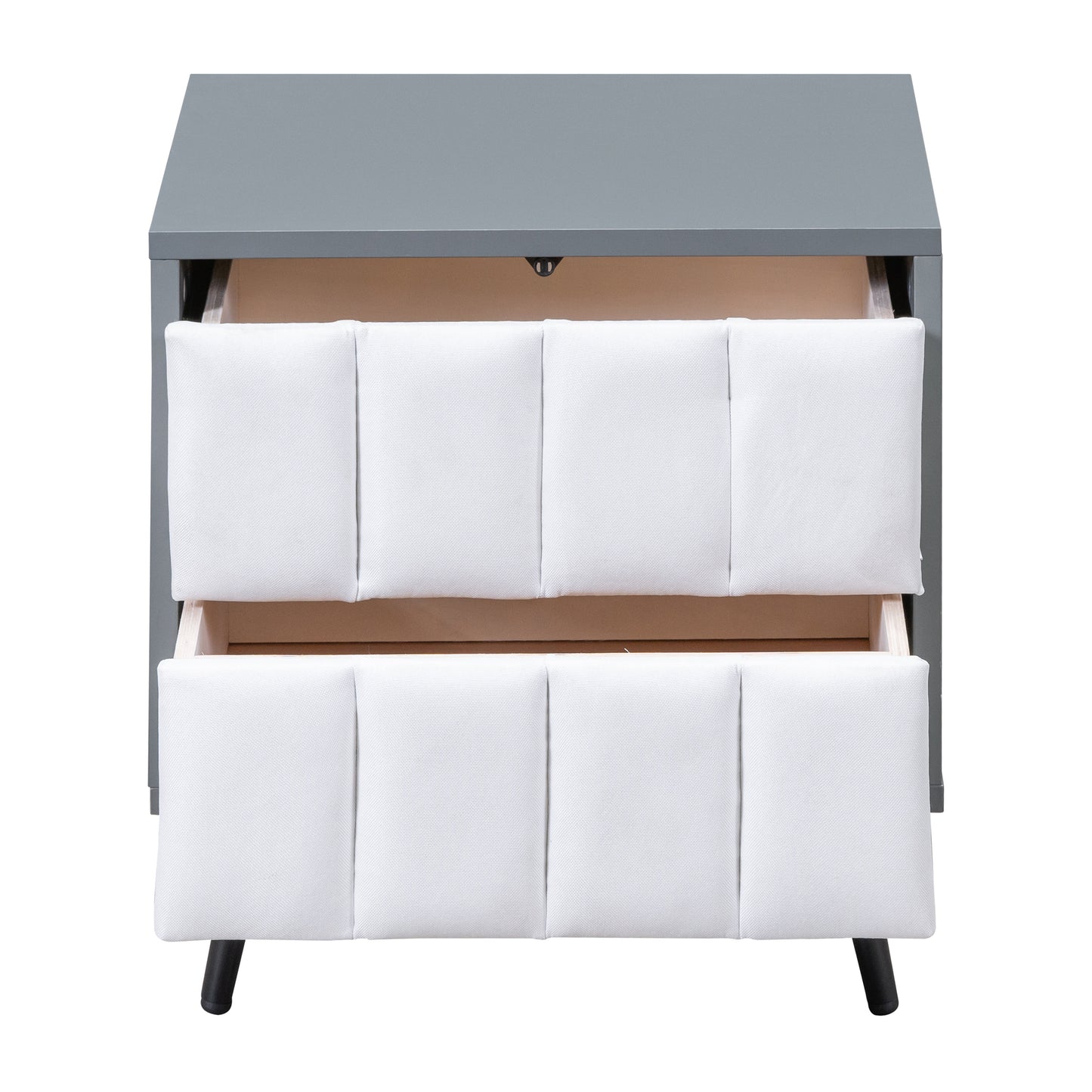 2-Drawer Nightstand for Bedroom, Mordern Wood+Linen Bedside Table with Classic Design,Gray+White