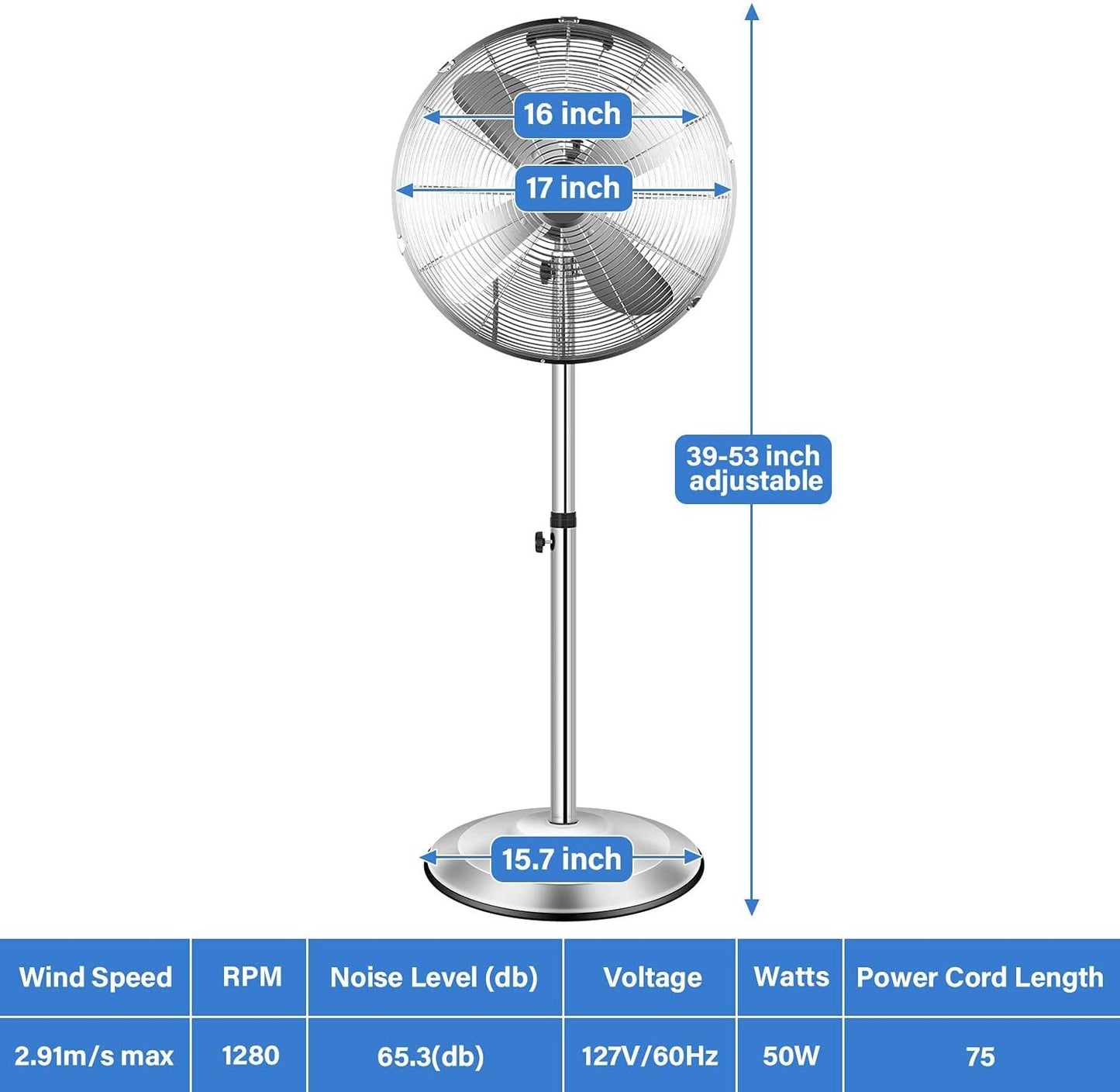 16 Inch Adjustable Heights Stand Fan with 3 Speed Settings