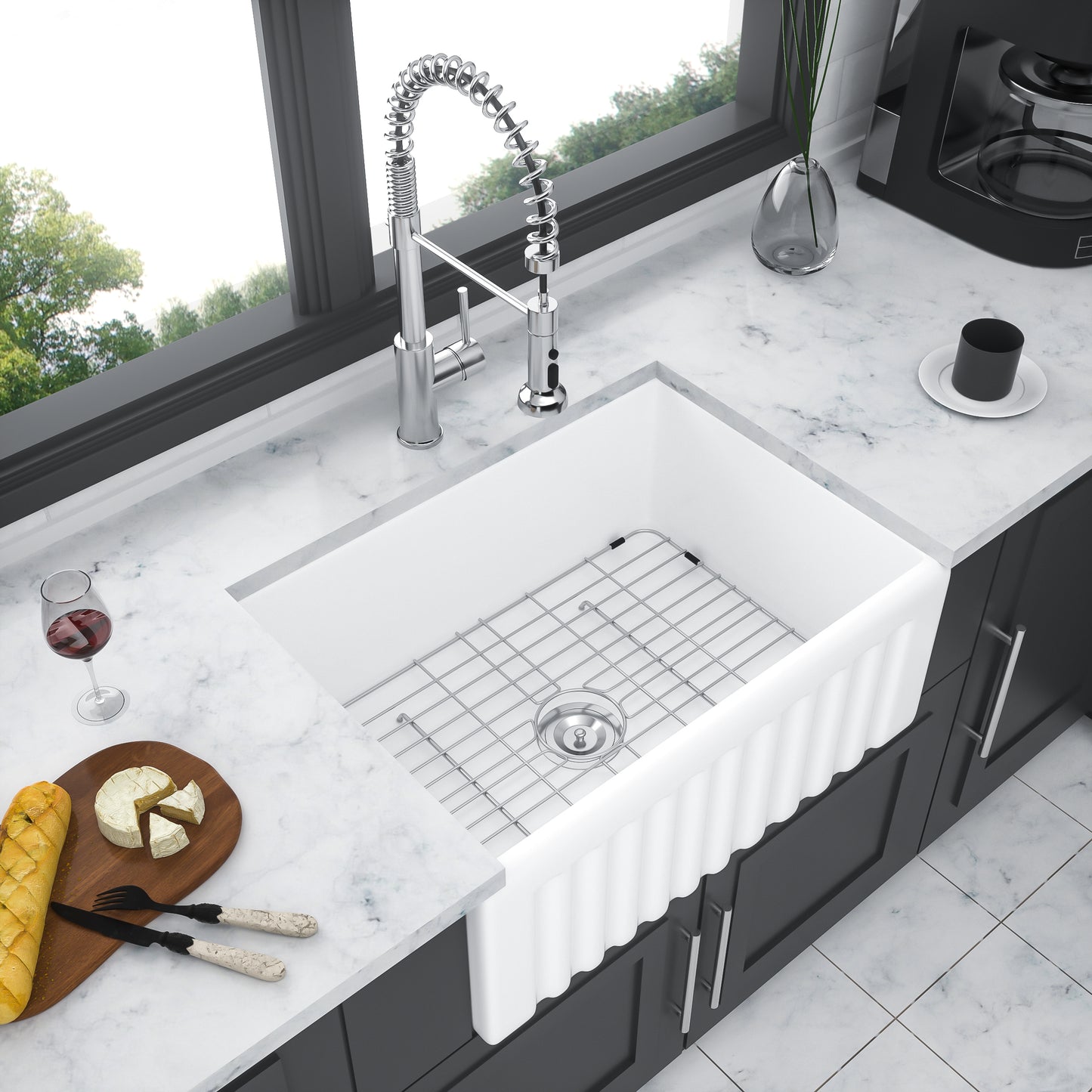 White Ceramic Farmhouse Kitchen Sink with Apron Style